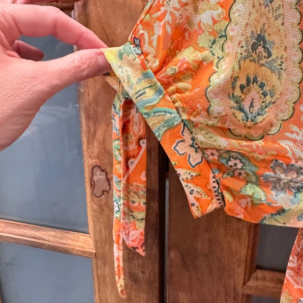 Joie de Vivre Tiered Mesh Midi Dress Women Size M Orange Paisley Smocked Waist - Picture 6 of 13